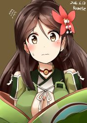 Rule 34 | 10s, 1girl, 2016, amagi (kancolle), arms at sides, artist name, bare shoulders, blush, breasts, brown background, brown eyes, brown hair, camouflage, cleavage cutout, clothing cutout, dated, embarrassed, flower, flying sweatdrops, furisode, hair between eyes, hair flower, hair ornament, highres, japanese clothes, kamelie, kantai collection, kimono, large breasts, long hair, looking at viewer, mole, mole under eye, one-hour drawing challenge, ponytail, solo, upper body, wavy mouth