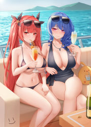 Rule 34 | 2girls, azur lane, bare arms, bare legs, bare shoulders, bikini, black bikini, blue hair, blush, bracelet, breasts, cleavage, closed mouth, collarbone, crossed legs, cup, drink, drinking, drinking straw, eyewear on head, feet out of frame, hair ornament, highres, holding, honolulu (azur lane), honolulu (summer accident?!) (azur lane), jewelry, large breasts, long hair, looking at viewer, manjuu (azur lane), multiple girls, navel, necklace, official alternate costume, one-piece swimsuit, outdoors, purple eyes, red eyes, red hair, sitting, smile, st. louis (azur lane), sunglasses, swimsuit, thighs, twintails, water, wei xiao, yacht