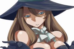 Rule 34 | 1girl, artdink, blue eyes, breasts, brown hair, cleavage, hat, hekeniko, large breasts, long hair, neck ribbon, ribbon, shrugging, solo, tactics ogre, witch (tactics ogre), witch hat