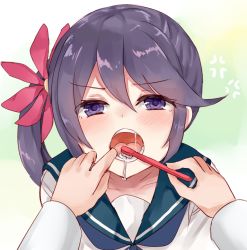 Rule 34 | 10s, 1girl, akebono (kancolle), anger vein, blush, brushing teeth, chiune (yachi), finger in another&#039;s mouth, flower, hair flower, hair ornament, kantai collection, long hair, long sleeves, looking at viewer, open mouth, pov, purple eyes, purple hair, saliva, school uniform, serafuku, side ponytail, solo focus, teeth, toothbrush