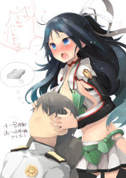 Rule 34 | 10s, 1boy, 1girl, admiral (kancolle), black hair, blue eyes, blush, breasts, faceless, faceless male, hair ribbon, kantai collection, katsuragi (kancolle), long hair, long sleeves, midriff, navel, open mouth, ponytail, ribbon, shin (new), simple background, skirt, small breasts, tears, translation request, white background