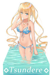 Rule 34 | 1girl, 5ya, bikini, blend s, blonde hair, blue bikini, blue eyes, blush, breasts, cleavage, closed mouth, collarbone, frilled bikini, frills, front-tie bikini top, front-tie top, hair between eyes, hand in own hair, hand up, highres, hinata kaho, jewelry, long hair, looking at viewer, medium breasts, navel, necklace, ocean, ringlets, side-tie bikini bottom, sidelocks, simple background, solo, standing, swimsuit, tsundere, twintails, very long hair, wading, white background