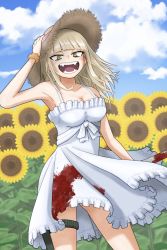 Rule 34 | absurdres, adjusting clothes, adjusting headwear, alternate hairstyle, armpits, artist request, blonde hair, blood on clothes, boku no hero academia, breasts, cleavage, collarbone, day, dress, fangs, flower, hair down, hand up, happy, hat, highres, holding, holding knife, knife, knife sheath, legs, looking at viewer, medium breasts, medium hair, nature, neck, no bra, open mouth, outdoors, scrunchie, sheath, sidelocks, sky, stained clothes, standing, summer, sun hat, sundress, sunflower, thighlet, thighs, toga himiko, weapon, white dress, wrist scrunchie, yellow eyes