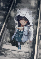Rule 34 | 1girl, animal, artist name, backpack, bag, black eyes, black hair, blue footwear, braid, closed mouth, coat, commentary request, dated, fennec fox, foreshortening, fox, from above, glasses, highres, hood, hood up, hooded coat, long sleeves, looking at viewer, looking up, open clothes, open coat, original, overall skirt, pantyhose, railroad tracks, red-framed eyewear, semi-rimless eyewear, shoes, sneakers, snow, snowing, under-rim eyewear, walking, white coat, white pantyhose, winter clothes, xiaobanbei milk