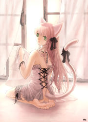 Rule 34 | 1girl, animal ears, barefoot, bow, bracelet, braid, cat ears, cat tail, corset, curtains, feet, from behind, gothic lolita, green eyes, hair bow, hair ribbon, highres, jewelry, bridal garter, lingerie, lolita fashion, long hair, mizusawa hikaru, necklace, no panties, original, pink hair, ribbon, soles, solo, tail, tail bow, tail ornament, toes, underwear