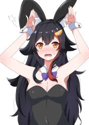 Rule 34 | 1girl, absurdres, animal ear fluff, animal ears, armpits, black hair, black leotard, blush, breasts, cleavage, commentary request, detached collar, ekaki mato, fake animal ears, hair between eyes, hair ornament, hairclip, highres, hololive, leotard, looking at viewer, medium breasts, multicolored hair, ookami mio, open mouth, playboy bunny, rabbit ears, red hair, sidelocks, simple background, solo, streaked hair, sweatdrop, virtual youtuber, white background, wolf ears, wolf girl, wrist cuffs, yellow eyes