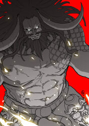 Rule 34 | 1boy, abs, absurdres, bare pectorals, beard, black hair, chest tattoo, closed mouth, commentary, curled horns, empty eyes, english commentary, facial hair, highres, horns, kaidou (one piece), kjlbs, long hair, male focus, mustache, one piece, oni, oni horns, pectorals, red background, signature, simple background, solo, tattoo, topless male, v-shaped eyebrows