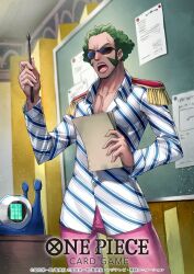 Rule 34 | 1boy, brannew, chalkboard, collared shirt, commentary request, copyright name, cowboy shot, dai-xt, den den mushi, diagonal-striped shirt, epaulettes, green hair, highres, holding, holding paper, male focus, one piece, one piece card game, open mouth, pants, paper, pink pants, shirt, short hair, sideburns, solo, sunglasses