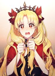 Rule 34 | 1girl, absurdres, blonde hair, bow, cape, diadem, earrings, ede, ereshkigal (fate), fate/grand order, fate (series), gradient background, hair bow, hair intakes, highres, holding, holding hair, jewelry, long hair, looking at viewer, open mouth, red bow, red cape, red eyes, solo, twintails, twitter username, upper body, very long hair, wavy mouth, white background