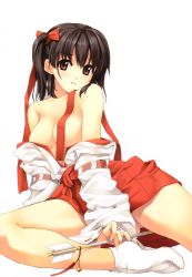 Rule 34 | 1girl, arrow (projectile), bare shoulders, bell, breasts, brown eyes, brown hair, clothes down, feet, hakama, hakama skirt, hamaya, highres, japanese clothes, jingle bell, looking at viewer, luna (reclaimed land), medium breasts, miko, no panties, no shoes, open clothes, original, red hakama, ribbon-trimmed sleeves, ribbon trim, scan, side ponytail, simple background, sitting, skirt, socks, solo, tabi