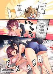 Rule 34 | 1boy, 2girls, animal ears, arknights, ass, bare arms, bare shoulders, bison (arknights), black hair, black shirt, blonde hair, blood, blue shorts, crop top, emphasis lines, english text, exusiai (arknights), foreshortening, halo, hm (hmongt), horns, multiple girls, no pants, nosebleed, panties, pink shirt, red eyes, red hair, shirt, short hair, short shorts, shorts, sleeveless, sleeveless shirt, speech bubble, tail, texas (arknights), thighs, underwear, watermark, web address, white panties, wolf ears, wolf tail