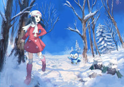 Rule 34 | 1girl, :d, bare arms, beanie, black eyes, black hair, blue sky, boots, coat, creatures (company), dawn (pokemon), day, drifloon, footprints, game freak, gen 4 pokemon, hair ornament, hairclip, hat, knee boots, long hair, long sleeves, looking to the side, looking up, nintendo, open mouth, outdoors, pink coat, pink footwear, piplup, pippi (pixiv 1922055), pokemon, pokemon (creature), pokemon dppt, running, scarf, scenery, sky, sleeves past wrists, smile, snover, snow, thighhighs, white scarf, white thighhighs, winter, winter clothes, winter coat
