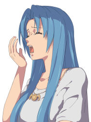 Rule 34 | 1girl, ancient ys vanished, blue background, blue hair, border, chiharu (9654784), closed eyes, collarbone, commentary request, curtained hair, feena (ys), highres, jewelry, long hair, necklace, open mouth, portrait, sidelocks, simple background, solo, tears, teeth, upper body, white background, white border, yawning, ys