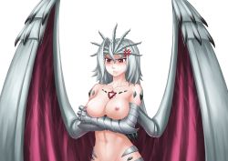 Rule 34 | 1girl, anger vein, animal hands, blush, breasts, chest jewel, claws, crossed arms, dragon (monster girl encyclopedia), dragon girl, maritan (pixelmaritan), medium breasts, monster girl, monster girl encyclopedia, nipples, nude, original, out-of-frame censoring, red eyes, silver hair, solo, transparent background, wings