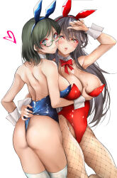 Rule 34 | 2girls, alternate costume, animal ears, ass, bare shoulders, black hair, blush, bow, bowtie, breasts, cleavage, covered navel, detached collar, fake animal ears, fishnet pantyhose, fishnets, from behind, glasses, grabbing, grabbing another&#039;s breast, green-framed eyewear, green eyes, green hair, hair ornament, hairclip, haruna (kancolle), highres, kantai collection, kirishima (kancolle), large breasts, leotard, long hair, multiple girls, open mouth, pantyhose, playboy bunny, rabbit ears, red bow, red bowtie, short hair, sideboob, simple background, strapless, strapless leotard, thighhighs, tororo ten, wedgie, white background, white thighhighs, wing collar, wrist cuffs, yellow eyes
