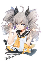 Rule 34 | 1girl, absurdres, ahoge, bare arms, bare shoulders, black sailor collar, blue eyes, bronya zaychik, closed mouth, collarbone, commentary request, creature, dated, drill hair, earrings, hair ribbon, hands in hair, hands up, highres, honkai (series), honkai impact 3rd, jewelry, long hair, polka dot, qingye ling, ribbon, sailor collar, school uniform, serafuku, shirt, silver hair, simple background, sleeveless, sleeveless shirt, smile, solo, twin drills, twintails, white background, white shirt
