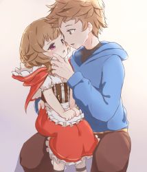 Rule 34 | 1boy, 1girl, after kiss, apron, baigao, blue hoodie, blush, brown eyes, brown hair, capelet, child, commentary, eye contact, flat chest, frilled apron, frilled skirt, frills, gradient background, gran (granblue fantasy), granblue fantasy, hand on another&#039;s chin, heavy breathing, hetero, highres, hood, hood down, hooded capelet, hoodie, long sleeves, looking at another, open mouth, purple eyes, red skirt, renie, saliva, saliva trail, short hair, short sleeves, simple background, skirt, tearing up, teenage boy and younger girl, waist apron