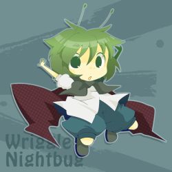 Rule 34 | 1girl, \o/, androgynous, antennae, arms up, cape, character name, chibi, female focus, green eyes, green hair, matching hair/eyes, misaki, misaki (1n1m), outstretched arms, reverse trap, short hair, solo, touhou, wriggle nightbug