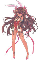 Rule 34 | 1girl, :o, animal ears, bare shoulders, blade (galaxist), blush, breastless clothes, breasts, brown gloves, brown hair, brown necktie, curvy, elbow gloves, fake animal ears, full body, gloves, hair between eyes, hair ribbon, hairband, heart pasties, highleg, highleg leotard, leotard, long hair, looking at viewer, mizuki yukikaze, necktie, one-piece tan, open mouth, partially fingerless gloves, pasties, pink footwear, pink ribbon, playboy bunny, purple eyes, rabbit ears, red hairband, red leotard, ribbon, shiny skin, simple background, small breasts, solo, standing, taimanin (series), taimanin yukikaze, tan, tanline, thong leotard, two side up, very long hair, white background