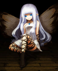Rule 34 | 1girl, aerie (bravely default), bad id, bad pixiv id, bare shoulders, blue eyes, bravely default: flying fairy, bravely default (series), chagara, collarbone, dress, fairy, long hair, pointy ears, short dress, silver hair, sitting, smile, solo, strapless, strapless dress, thigh strap, very long hair, wings