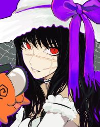 Rule 34 | 1girl, 1other, :3, bare shoulders, black hair, chainsaw, chainsaw man, choker, collar, cross scar, dizzy, facial scar, frilled choker, frilled sleeves, frills, hat, long hair, looking at viewer, pochita (chainsaw man), purple background, purple ribbon, purple theme, red eyes, ribbon, ringed eyes, sailen0, scar, scar on cheek, scar on face, simple background, smile, solo focus, squiggle, strapless, sun hat, yoru (chainsaw man)