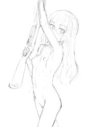 Rule 34 | 1girl, blush, breasts, glasses, greyscale, gun, highres, lineart, long hair, looking at viewer, monochrome, navel, nipples, nude, perrine h. clostermann, rifle, shiri chin, sketch, small breasts, solo, strike witches, weapon, world witches series
