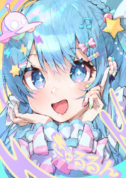 Rule 34 | 1girl, absurdres, blue eyes, blue hair, bow, bowtie, candy hair ornament, commentary request, fingernails, food-themed hair ornament, fortissimo, green nails, hair ornament, heart, highres, hololive, hoshimachi suisei, index finger raised, kouhiipan, lightning bolt, lightning bolt hair ornament, lightning bolt symbol, looking at viewer, musical note, musical note hair ornament, open mouth, pink nails, solo, star (symbol), star hair ornament, star in eye, symbol in eye, ufo, virtual youtuber