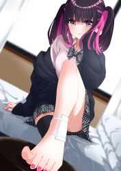 Rule 34 | 1girl, absurdres, arm support, bandaged leg, bandages, barefoot, black hair, black thighhighs, blurry, blurry background, blush, closed mouth, commentary request, dutch angle, feet, foot up, foreshortening, godai 01, grey skirt, hand on own face, highres, knee up, leaning to the side, legs, long hair, looking at viewer, multicolored hair, nail polish, original, pink eyes, pink nails, pink shirt, pleated skirt, print skirt, school uniform, shirt, single thighhigh, sitting, skirt, solo, streaked hair, thighhighs, thighs, toenail polish, toenails, toes, twintails