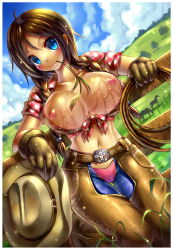 Rule 34 | 1girl, belt, blue eyes, blush, braid, breasts, brown hair, chaps, closed mouth, clothes, cowboy, cowboy hat, cowboy western, day, denim, emperpep, eyebrows, female focus, fence, front-tie top, gloves, hat, horse, jeans, large breasts, lasso, long hair, looking at viewer, navel, nipples, original, outdoors, panties, pants, pink panties, plaid, plaid shirt, rope, shirt, smile, solo, thigh gap, twin braids, underwear, western, wet