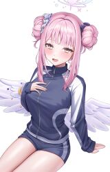 Rule 34 | 1girl, absurdres, angel wings, black scrunchie, blue archive, blue jacket, blue shorts, blush, breasts, double bun, gym shorts, hair bun, hair ornament, hair scrunchie, halo, hand on own chest, highres, jacket, kangse415, large breasts, long hair, looking at viewer, low wings, mika (blue archive), pink hair, scrunchie, shorts, smile, solo, track jacket, white scrunchie, white wings, wing ornament, wings, yellow eyes