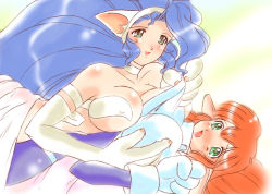 Rule 34 | 2girls, animal ears, animal hands, bad id, bad pixiv id, big hair, blue bodysuit, blue hair, blush, bodysuit, breast press, breasts, buieito, capcom, cat ears, covered erect nipples, crossover, felicia (vampire), galaxy fight, green eyes, large breasts, multiple girls, orange hair, pointy ears, roomi, sunsoft, symmetrical docking, trait connection, vampire (game), yuri