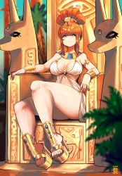 Rule 34 | 1girl, armlet, blunt bangs, blurry, blurry background, blurry foreground, crown, earrings, egyptian clothes, hair bun, highres, jewelry, kenron toqueen, leaf, long hair, original, parted lips, platform footwear, red hair, sandals, sidelocks, signature, single hair bun, sitting, smile, solo, sparkle, statue, thick thighs, thighs, throne, tomatita, usekh collar