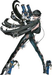 Rule 34 | 1girl, ass, back, back cutout, bayonetta, bayonetta, bayonetta (series), bayonetta 2, black hair, blue eyes, breasts, closed mouth, clothing cutout, earrings, from behind, full body, glasses, gloves, gun, high heels, highres, jewelry, katsura masakazu, long legs, looking at viewer, makeup, mole, mole under mouth, simple background, smile, solo, weapon, white background