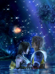 Rule 34 | 00s, 1boy, 1girl, final fantasy, final fantasy x, game console, highres, official art, playstation 2, smile, tears, tidus, water, wet, yuna, yuna (ff10)
