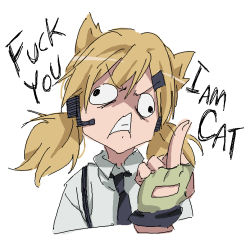 Rule 34 | 1girl, angry, animal ears, black necktie, blonde hair, cat ears, clenched teeth, commentary, english text, fingerless gloves, frown, girls&#039; frontline, gloves, headgear, headset, idw (girls&#039; frontline), korean commentary, medium hair, middle finger, necktie, oekaki, profanity, shirt, sidarim, simple background, pants, solo, teeth, twintails, upper body, wall-eyed, white background, white shirt