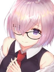 Rule 34 | 1girl, black-framed eyewear, fate/grand order, fate (series), glasses, hair between eyes, hair over one eye, highres, mash kyrielight, necktie, own hands clasped, own hands together, pink hair, red necktie, reuri (tjux4555), short hair, simple background, solo, upper body, white background