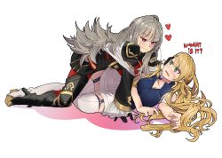 Rule 34 | 2girls, absurdres, armor, black armor, black gloves, blonde hair, blush, braid, breasts, cleavage, closed mouth, commission, crown braid, ebinku, fire emblem, fire emblem heroes, from side, gloves, green eyes, grey hair, hand on another&#039;s face, heart, high heels, highres, long hair, long sleeves, medium breasts, multiple girls, nintendo, pantyhose, parted lips, red eyes, sharena (fire emblem), shirt, shorts, simple background, sleeveless, sleeveless shirt, smile, thighhighs, veronica (fire emblem), white background, white legwear, white shorts, yuri