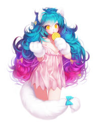 Rule 34 | 1girl, :3, :p, animal ears, animal hands, babydoll, bare shoulders, big hair, blue bow, blue hair, bow, candy, cat ears, cat girl, cat tail, cowboy shot, dress, eyebrows, eyelashes, flat chest, food, gloves, gradient hair, hair between eyes, hair bow, holding, holding food, licking, lingerie, lollipop, long hair, multicolored hair, off shoulder, original, paw gloves, pink dress, pink hair, purple hair, see-through, see-through silhouette, simple background, solo, tail, tail bow, tail ornament, thigh gap, tongue, tongue out, underwear, wavy hair, white background, winterseoya, yellow bow, yellow eyes