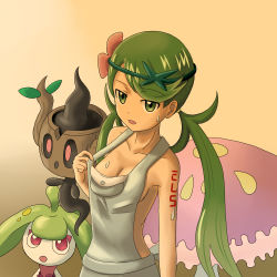 Rule 34 | 2girls, ahoge, artist name, bare shoulders, black sclera, breasts, cleavage, collarbone, colored sclera, creatures (company), dark-skinned female, dark skin, female focus, floating, flower, game freak, gen 6 pokemon, gen 7 pokemon, ghost, gradient background, green eyes, green hair, green hairband, hair flower, hair ornament, hair tie, hairband, half-closed eyes, hand up, highres, long hair, looking at another, looking up, mallow (pokemon), matching hair/eyes, medium breasts, multiple girls, naked overalls, nintendo, open mouth, orange background, overalls, phantump, pink eyes, pink flower, pokemon, pokemon (creature), pokemon sm, red eyes, shiinotic, shougun (chuckni1), signature, simple background, solo focus, standing, steenee, sweat, swept bangs, tattoo, trial captain, twintails