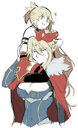 Rule 34 | age regression, artoria pendragon (fate), artoria pendragon (lancer) (fate), blonde hair, breasts, cleavage, fate/apocrypha, fate/grand order, fate (series), green eyes, head hold, mordred (fate), mordred (fate/apocrypha), mother and daughter, pointy ears, takatsuki nato, aged down