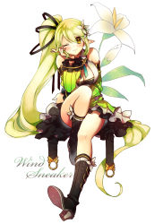 Rule 34 | 1girl, absurdres, bad id, bad pixiv id, boots, breasts, character name, cleavage, detached sleeves, elsword, flower, full body, green hair, hair flower, hair ornament, highres, knee boots, large breasts, lily (flower), limble, long hair, one eye closed, ponytail, rena erindel, sitting, skirt, smile, solo, white background, wind sneaker (elsword), wink, yellow eyes