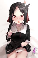 Rule 34 | 1girl, absurdres, alcohol, black dress, black hair, blush, breasts, can, clothes lift, collarbone, collared dress, dress, drink, drooling, drunk, flower, folded ponytail, from above, hair flower, hair ornament, hair ribbon, heart, heart-shaped pupils, highres, kaguya-sama wa kokurasetai ~tensai-tachi no renai zunousen~, kitaku (nakamachi machi), lifted by self, long sleeves, looking at viewer, lovestruck, medium hair, open mouth, panties, pinky out, red eyes, red ribbon, ribbon, saliva, school uniform, shadow, shinomiya kaguya, shuuchiin academy school uniform, sidelocks, simple background, sitting, skirt, skirt lift, sleeve cuffs, small breasts, solo, symbol-shaped pupils, underwear, white background, white panties, winter uniform