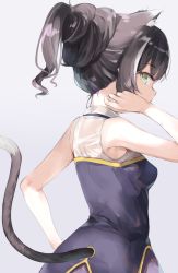 Rule 34 | 1girl, 7gao, animal ear fluff, animal ears, bare arms, bare shoulders, black hair, blue background, breasts, cat ears, cat girl, cat tail, gradient background, green eyes, grey background, highres, karyl (princess connect!), looking at viewer, looking back, multicolored hair, no detached sleeves, ponytail, princess connect!, profile, purple skirt, see-through, shirt, skirt, sleeveless, sleeveless shirt, small breasts, solo, streaked hair, sweat, tail, wet, wet clothes, wet shirt, white hair, white shirt