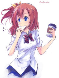 Rule 34 | 10s, 1girl, blouse, blue eyes, bow, bread, brown hair, coffee, coffee cup, cup, disposable cup, eating, food, kosaka honoka, love live!, love live! school idol project, maullarmaullar, mixed media, musical note, ponytail, quaver, shirt, solo, twitter username