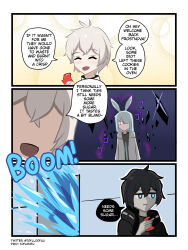 Rule 34 | 1girl, 2boys, 3koma, angry, animal ears, arknights, christmas, closed eyes, comic, cryokinesis, english text, faust (arknights), frostnova (arknights), gingerbread cookie, highres, holding, ice, insult, mephisto (arknights), multiple boys, originium arts (arknights), rabbit ears, rabbit girl, right-to-left comic, sound effects, speech bubble, tofudofu, white hair