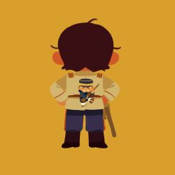 Rule 34 | 2boys, blue pants, boots, brown footwear, brown hair, brown jacket, chengongzi123, closed mouth, collared jacket, deformed, facial hair, facing away, full body, goatee stubble, golden kamuy, green eyes, gun, hands on own hips, hat, highres, holding, holding gun, holding weapon, jacket, koito otonoshin, long sleeves, looking at viewer, male focus, military hat, military uniform, mini person, miniboy, multiple boys, pants, rifle, sheath, sheathed, short hair, simple background, solo, standing, stubble, sword, uniform, very short hair, weapon, yellow background