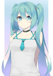 Rule 34 | 1girl, aqua eyes, aqua hair, arms behind back, bare shoulders, breasts, choker, collarbone, expressionless, eyelashes, fhang, hair between eyes, hair ornament, hatsune miku, long hair, looking at viewer, medium breasts, pale skin, simple background, solo, twintails, upper body, very long hair, vocaloid