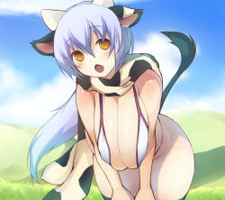Rule 34 | 1girl, animal ears, animal print, bare shoulders, bent over, blue hair, blush, breasts squeezed together, breasts, brown eyes, cleavage, cow ears, cow girl, cow print, cow tail, fuyu, horns, huge breasts, leaning forward, long hair, looking at viewer, open mouth, original, scarf, solo, tail
