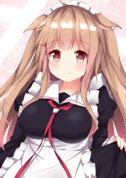 Rule 34 | 1girl, akiori koromo, alternate costume, apron, black ribbon, breasts, brown eyes, enmaided, hair flaps, hair ribbon, kantai collection, large breasts, light brown hair, long hair, maid, maid headdress, murasame (kancolle), red neckwear, ribbon, solo, twintails, two side up, upper body
