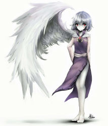 Rule 34 | 1girl, adapted costume, arm behind back, ascot, bad id, bad pixiv id, barefoot, brooch, cross, dress, expressionless, feathered wings, full body, fur trim, hand on own hip, heart, jewelry, kishin sagume, legs, looking at viewer, purple dress, red eyes, short hair, silver hair, simple background, single wing, solo, thighs, touhou, white background, white wings, wings, yuxyon
